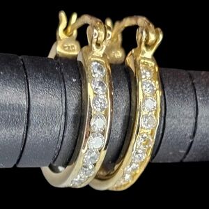 Hoop Earrings Gold Plated Sterling Silver Cubic Zirconia Pierced Round Almost 1"